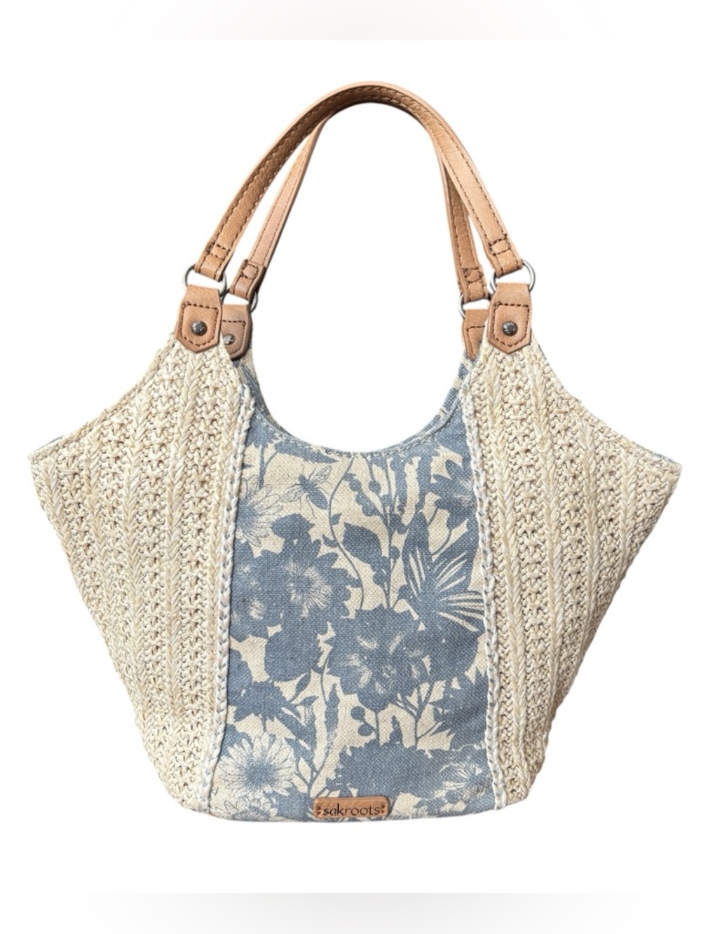 Sakroots Blue and Cream Roma Straw Small Shopper - Lake in Bloom Handbag